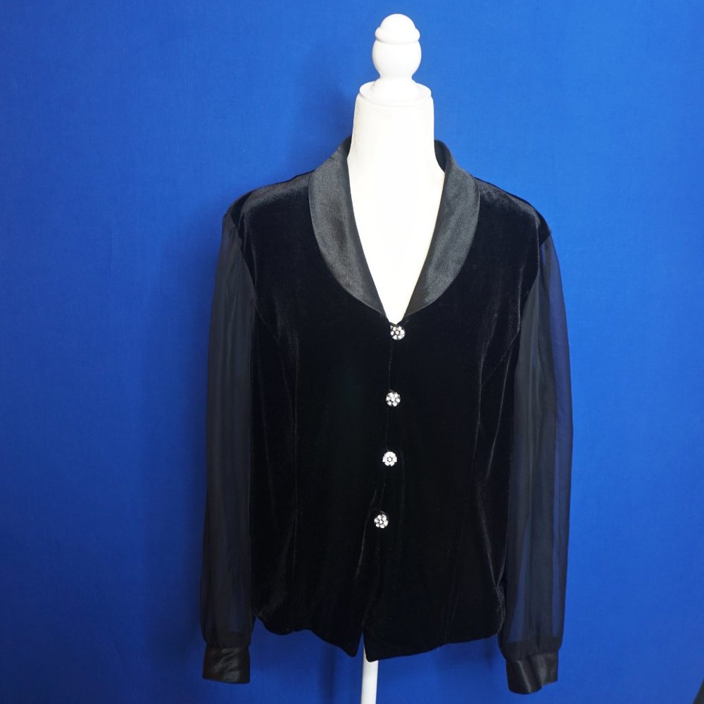 💜 DRESS BARN Black Velvet Sheer Sleeves Faux Diamond Button Jacket/Top (XL) - Picture 3 of 10